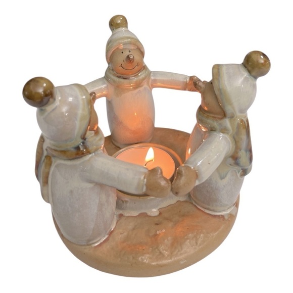 Christmas Votive Candle Tea Light Holder three Snowman Figures Ceramic - Picture 4 of 9